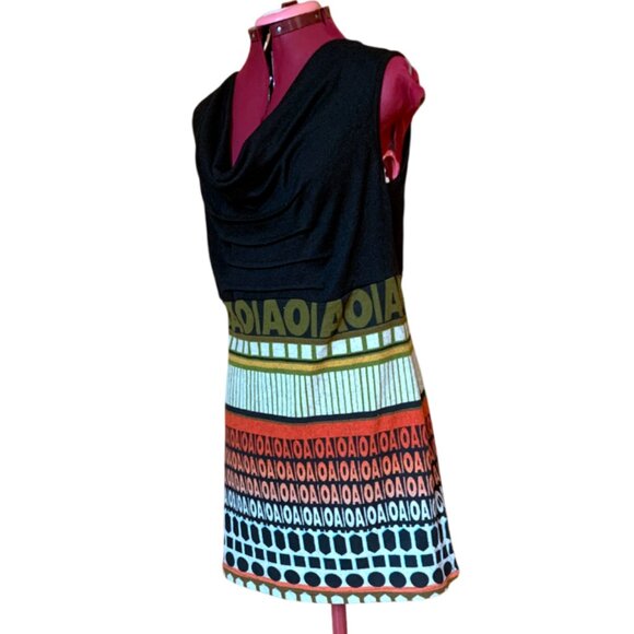 MARIE CLAIRE / Black -  Orange Patterned Dress Tunic sleeveless / Medium - Picture 2 of 10